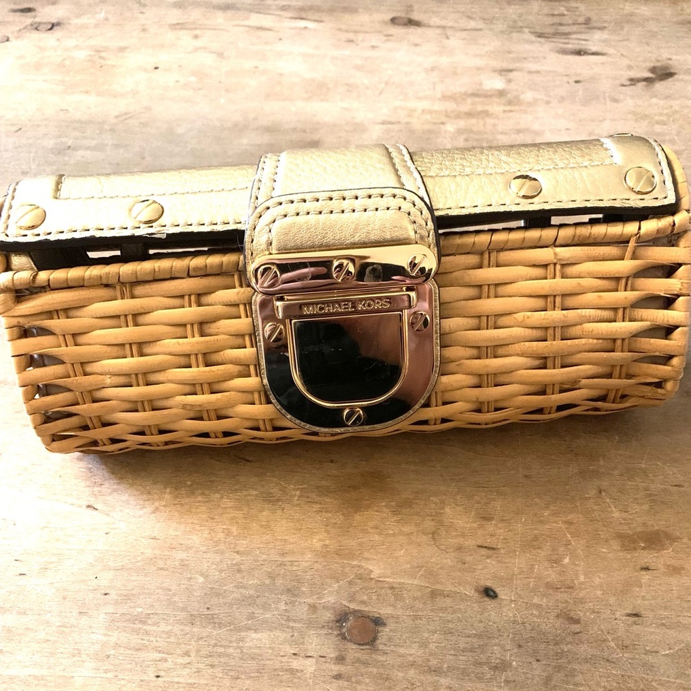 Michael Kors natural rattan clutch gold